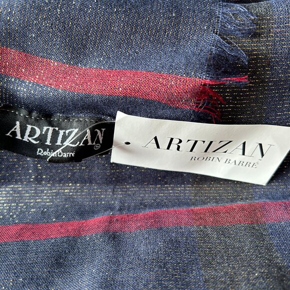 NWT Artizan Robin Barre Sparkly Plaid Scarf or Wrap, Navy With Red, Gold Sparkle - Picture 4 of 16